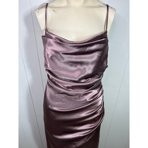 Birdy Grey Lydia Maxi Dress in Shiny Satin Dark Mauve. Size L - Picture 7 of 9